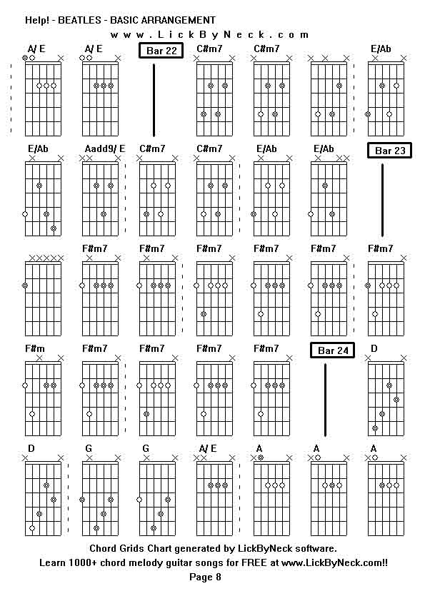 Chord Grids Chart of chord melody fingerstyle guitar song-Help! - BEATLES - BASIC ARRANGEMENT,generated by LickByNeck software.